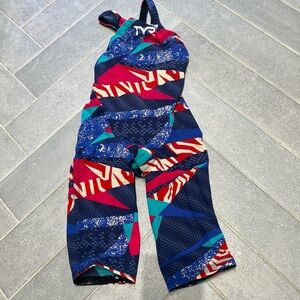 TYR Avictor open back tech suit size 27 Red, Blue, and Teal
